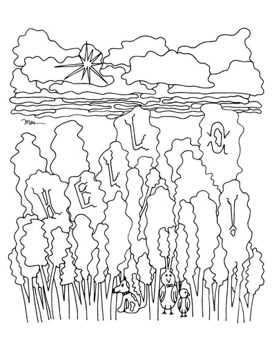 Friendly Forest FREE Printable Coloring Page. The MoMeMans® by Monica Escobar Allen.