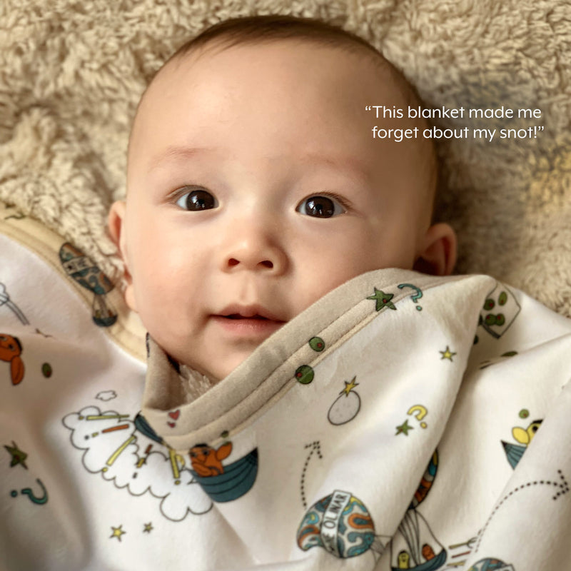 The MoMeMans® Olinda + Omar Teddy Bear Sherpa SHH™ Baby Blanket by Monica Escobar Allen. Unisex, gender neutral.