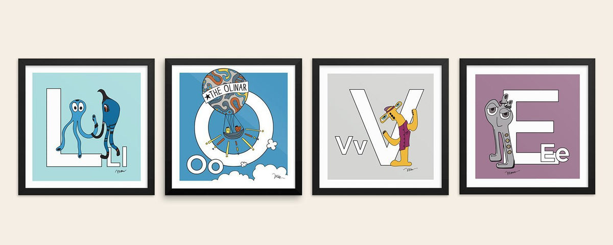 Alphabet art prints with a story. From The MoMeMans® ZYX Project by Monica Escobar Allen.
