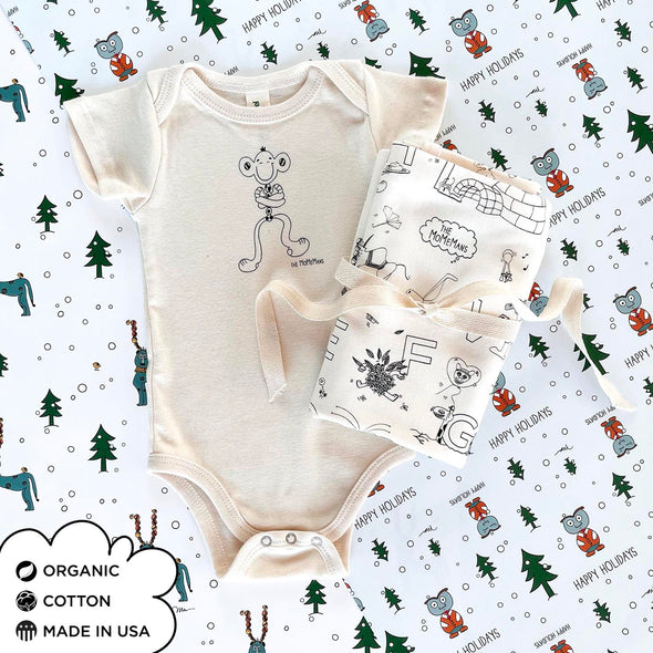 Organic Cotton "New Baby" Gift Sets. Gender-neutral essentials for every eco-conscious baby registry. The MoMeMans by Monica Escobar Allen.