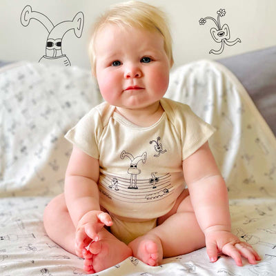 Organic Cotton "New Baby" Gift Set: Bots Family Onesie and matching Blanket. The MoMeMans by Monica Escobar Allen from Brooklyn, NY. Small batches made in New York.