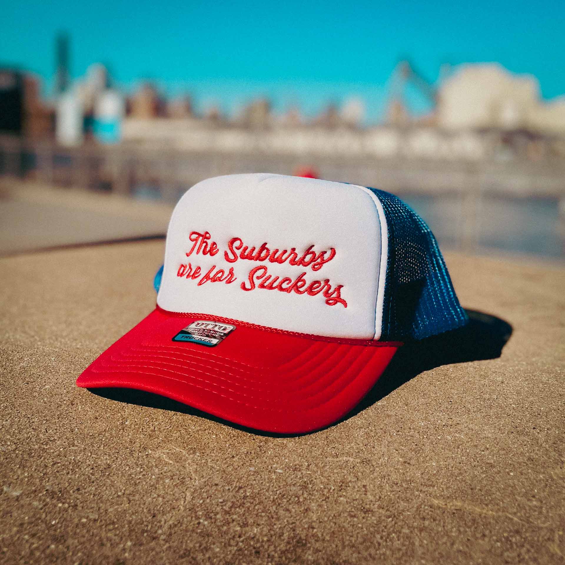 The Suburbs are for Suckers Dad Trucker Hat, Blue | themomemans.com