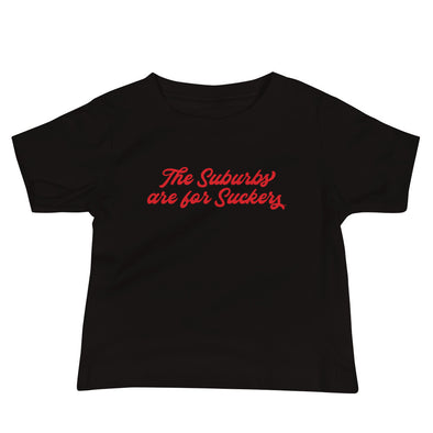 The Suburbs are for Suckers Baby Tee, white | themomemans.com by Monica Escobar Allen