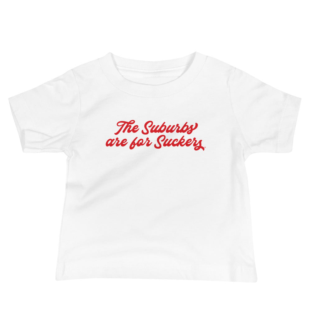 The Suburbs are for Suckers Baby Tee, white | themomemans.com by Monica Escobar Allen