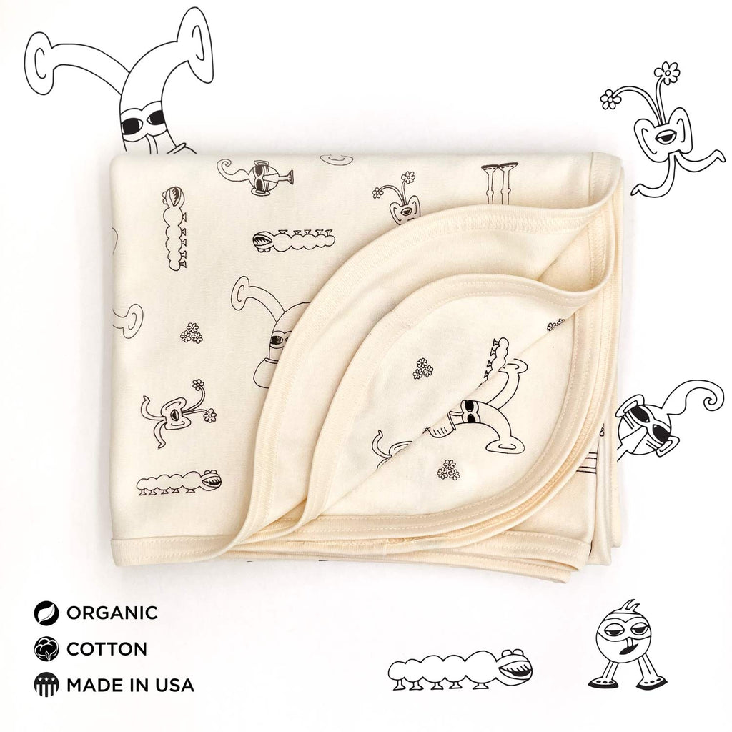 Bots Family Organic Cotton Gender-Neutral Baby Blankets. Eco-friendly Unisex Styles for Hipster Babies. The MoMeMans by Monica Escobar Allen. Brooklyn, NY