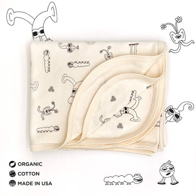 Bots Family Organic Cotton Gender-Neutral Baby Blankets. Eco-friendly Unisex Styles for Hipster Babies. The MoMeMans by Monica Escobar Allen. Brooklyn, NY
