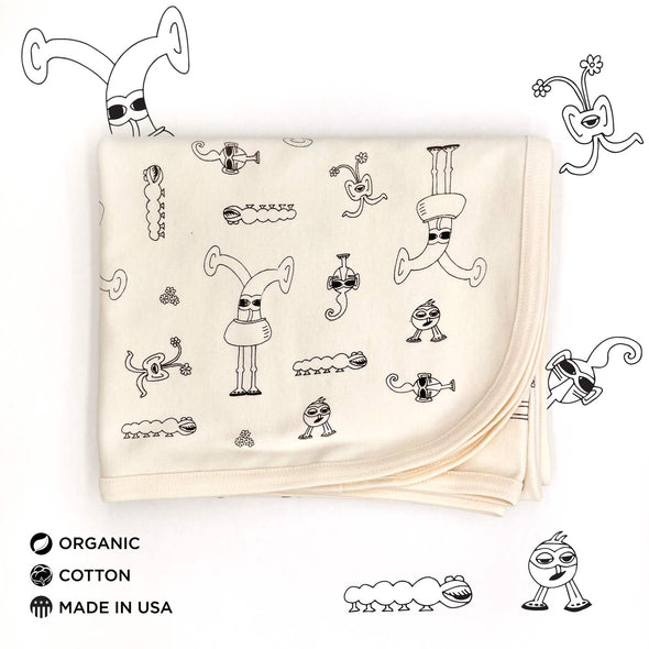 Bots Family Organic Cotton Gender-Neutral Baby Blankets. Eco-friendly Unisex Styles for Hipster Babies. The MoMeMans by Monica Escobar Allen. Brooklyn, NY