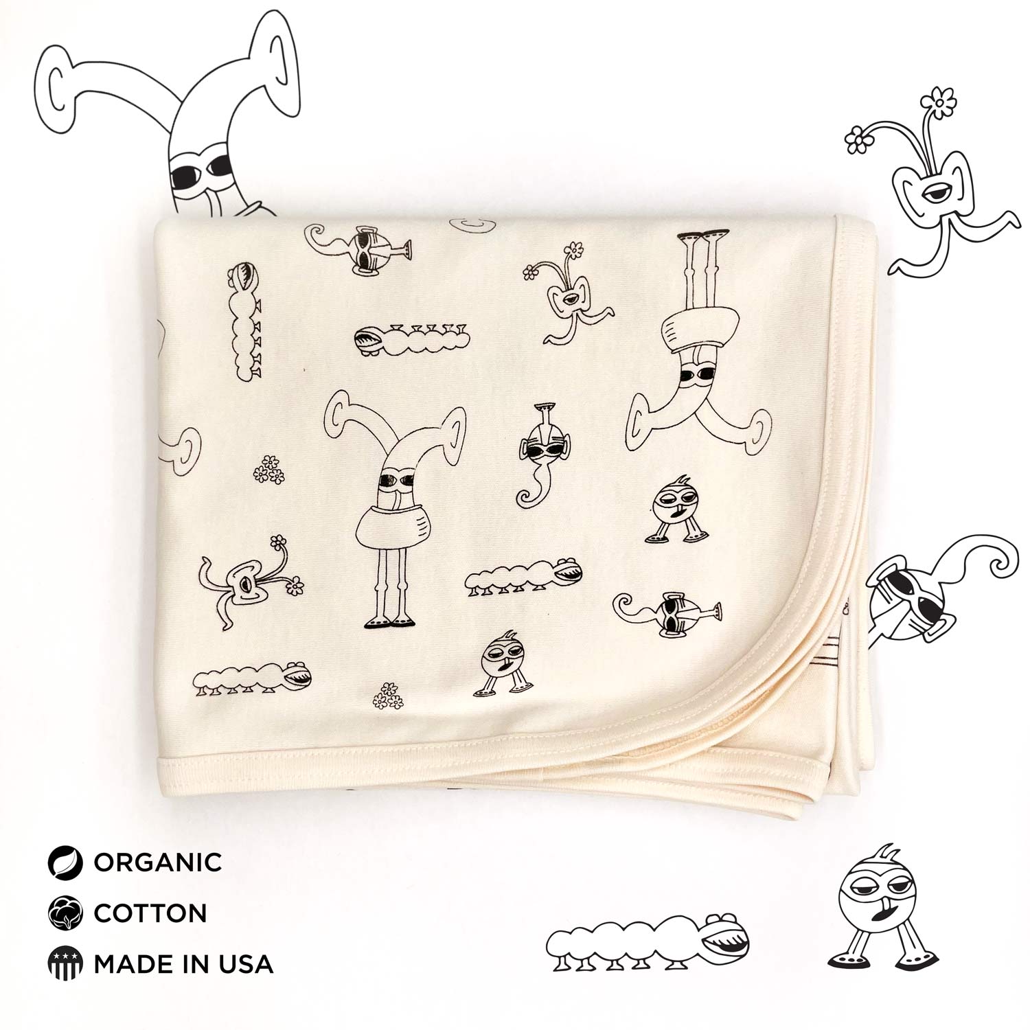 Bots Family Organic Cotton Gender-Neutral Baby Blankets. Eco-friendly Unisex Styles for Hipster Babies. The MoMeMans by Monica Escobar Allen. Brooklyn, NY