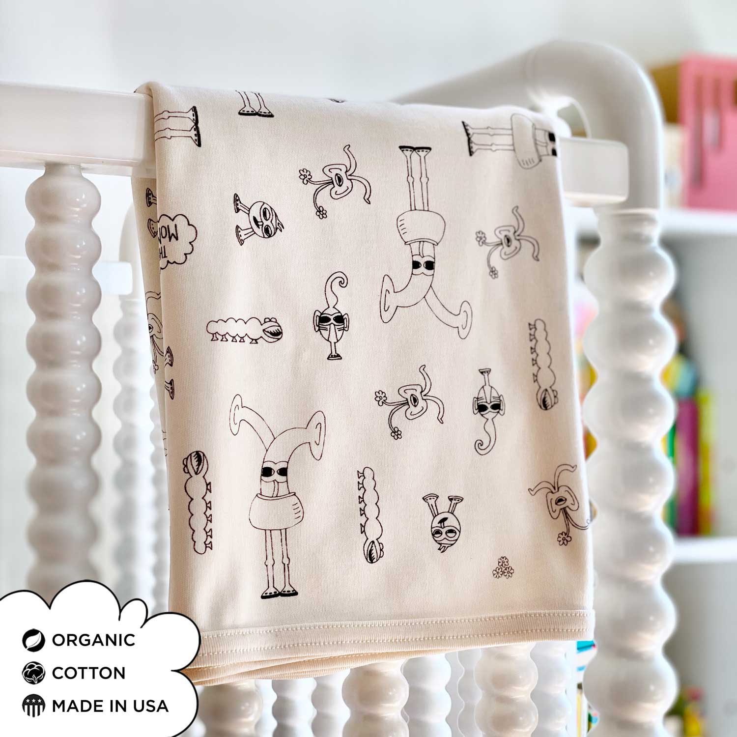 Bots Family Organic Cotton Gender-Neutral Baby Blankets. Eco-friendly Unisex Styles for Hipster Babies. The MoMeMans by Monica Escobar Allen. Brooklyn, NY