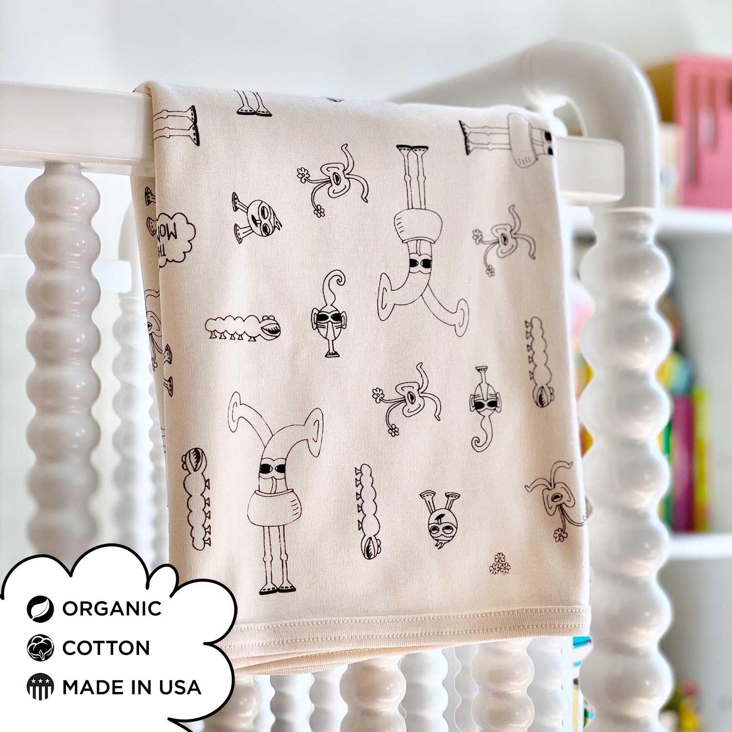 Organic Cotton Gender-Neutral Baby Blankets. Eco-friendly Unisex Styles for Hipster Babies. The MoMeMans by Monica Escobar Allen. Brooklyn, NY