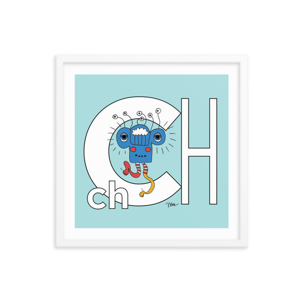 18x18 Framed Letter Ch Art Print, Banana, featuring Charlie from the ZYX Project. For Nursery Rooms, Kids Rooms and Playrooms.