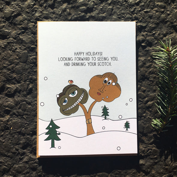 Looking forward to seeing you and drinking your Scotch. Holiday Cards from The MoMeMans™ by Monica Escobar Allen.