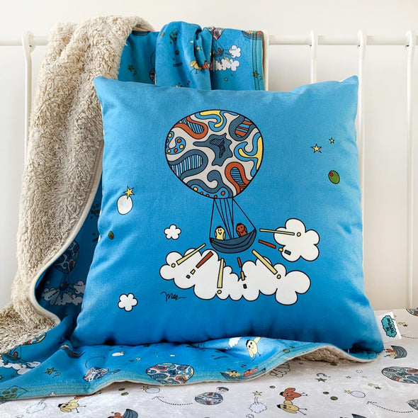 Olinda + Omar Velveteen Pillow for kid's rooms and playrooms. For play time, story time, music time and fun times. The MoMeMans® by Monica Escobar Allen.