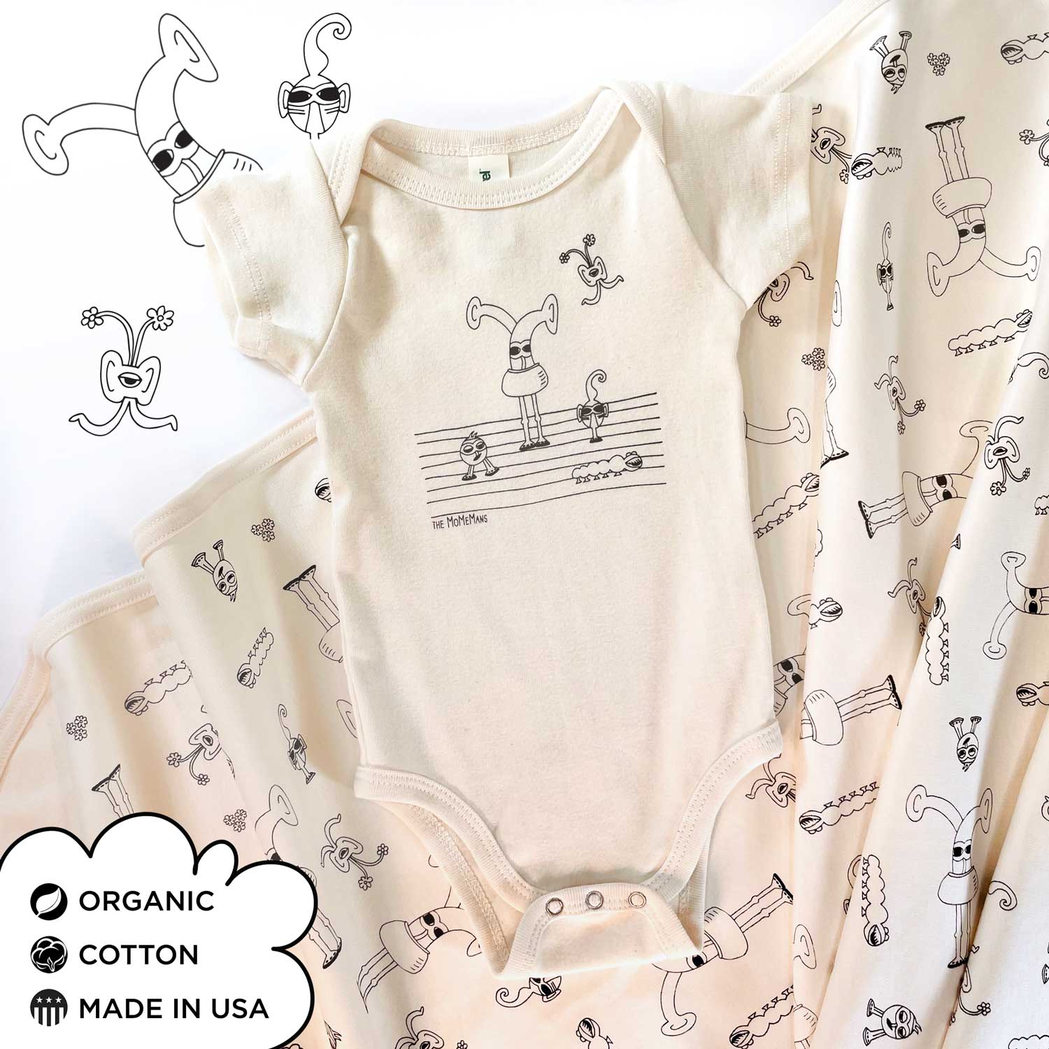 Bots Family Organic Cotton Gender-Neutral "New Baby" Gift Bundle. Eco-friendly Unisex Styles for Hipster Babies. The MoMeMans by Monica Escobar Allen. Brooklyn, NY