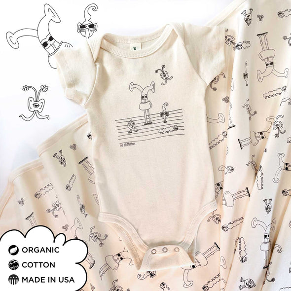 Bots Family Organic Cotton Gender-Neutral "New Baby" Gift Bundle. Eco-friendly Unisex Styles for Hipster Babies. The MoMeMans by Monica Escobar Allen. Brooklyn, NY