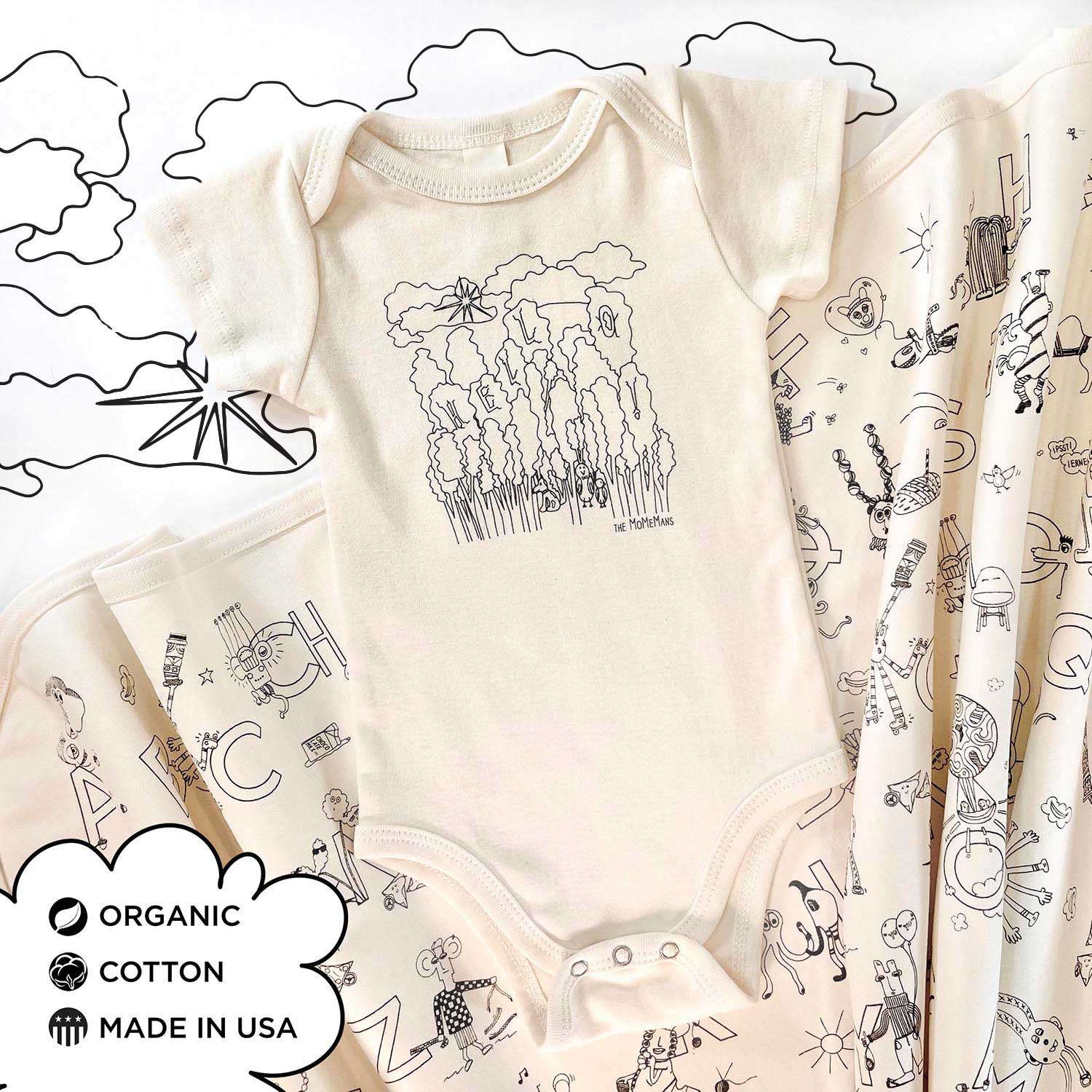 Organic Cotton Onesie + Blanket New Baby Gift Sets. Hello Forest Onesie + ZYX Project Blanket. Eco-friendly Unisex Styles for Hipster Babies. The MoMeMans by Monica Escobar Allen. Brooklyn, NY