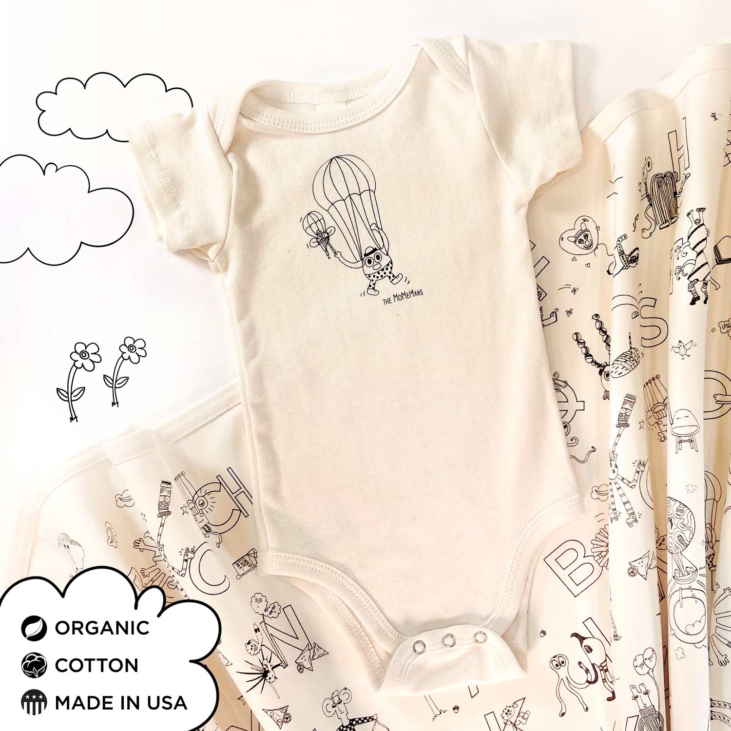 Organic Cotton Onesie + Blanket New Baby Gift Sets. Pete + Pete Onesie + ZYX Project Blanket. Eco-friendly Unisex Styles for Hipster Babies. The MoMeMans by Monica Escobar Allen. Brooklyn, NY