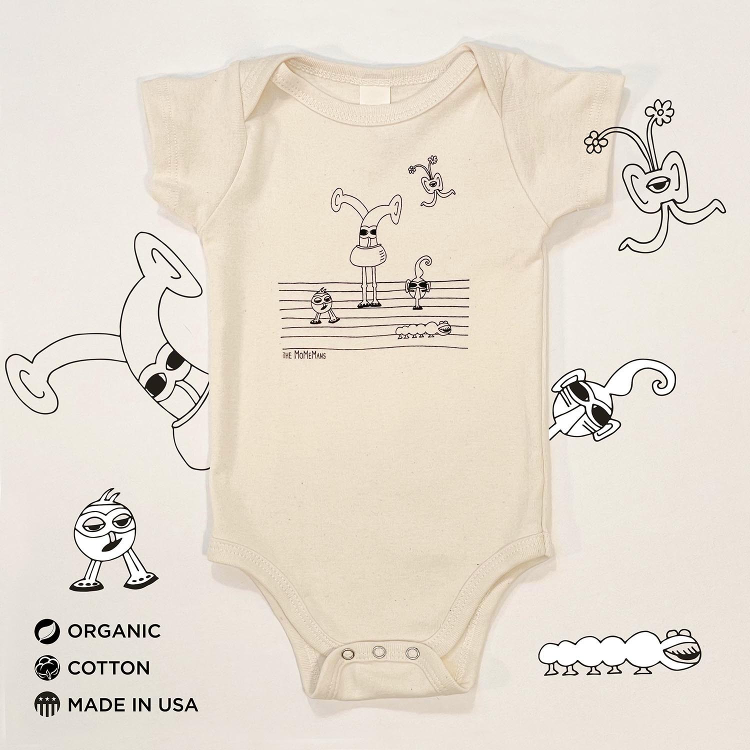 Organic Cotton Onesies. Unisex Styles for for the eco-conscious baby registries. The MoMeMans® by Monica Escobar Allen. Small batches made in Brooklyn, NY. Style: Bots Family