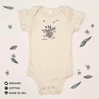 Organic Cotton Onesies. Unisex Styles for for the eco-conscious baby registries. The MoMeMans® by Monica Escobar Allen. Small batches made in Brooklyn, NY. Style: Fancy Franny