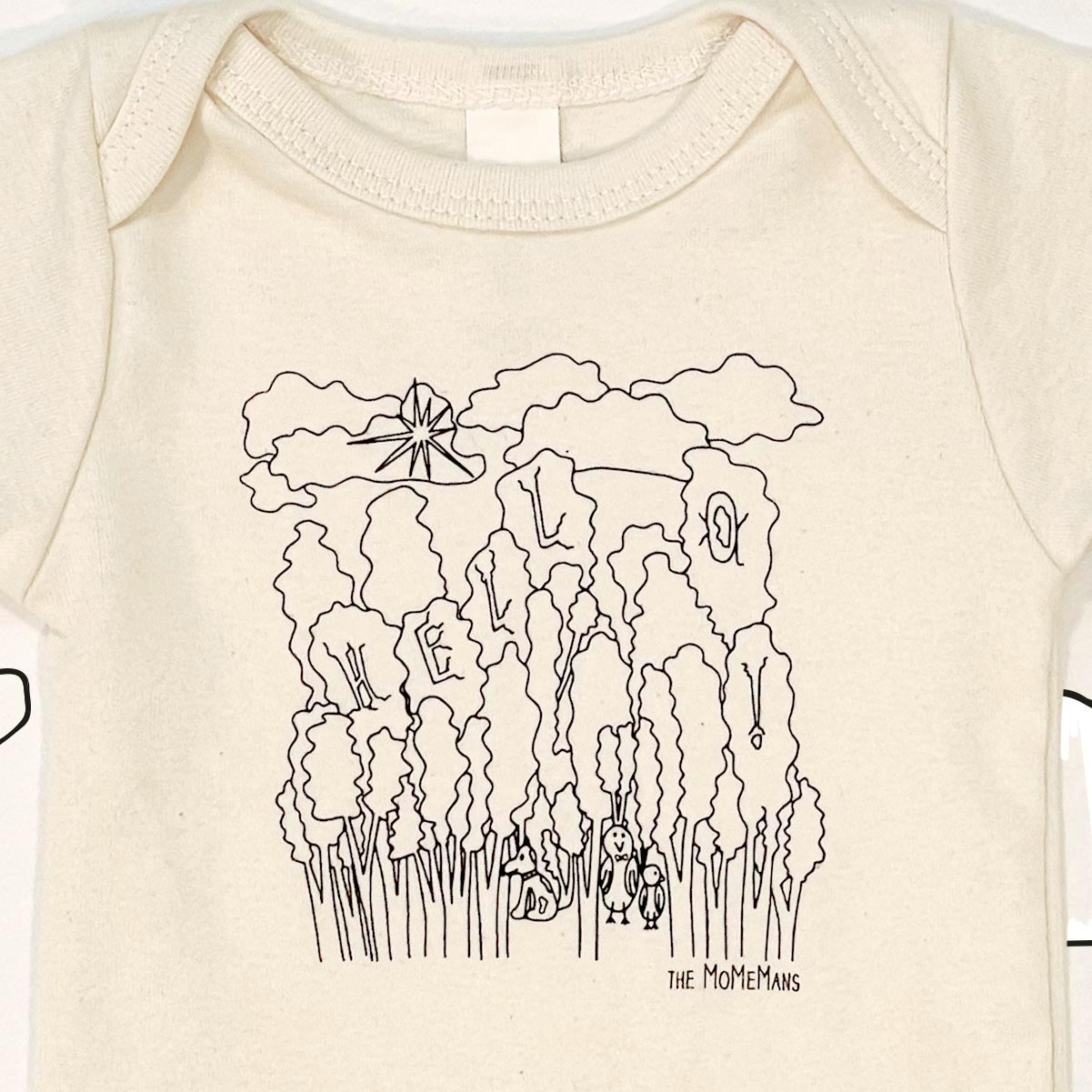 Organic Cotton Onesies. Unisex Styles for for the eco-conscious baby registries. The MoMeMans® by Monica Escobar Allen. Small batches made in Brooklyn, NY. Style: Hello Forest.