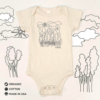 Organic Cotton Onesies. Unisex Styles for for the eco-conscious baby registries. The MoMeMans® by Monica Escobar Allen. Small batches made in Brooklyn, NY. Style: Hello Forest.
