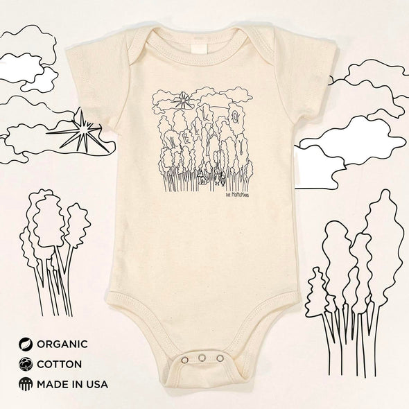 Organic Cotton Onesies. Unisex Styles for for the eco-conscious baby registries. The MoMeMans® by Monica Escobar Allen. Small batches made in Brooklyn, NY. Style: Hello Forest.