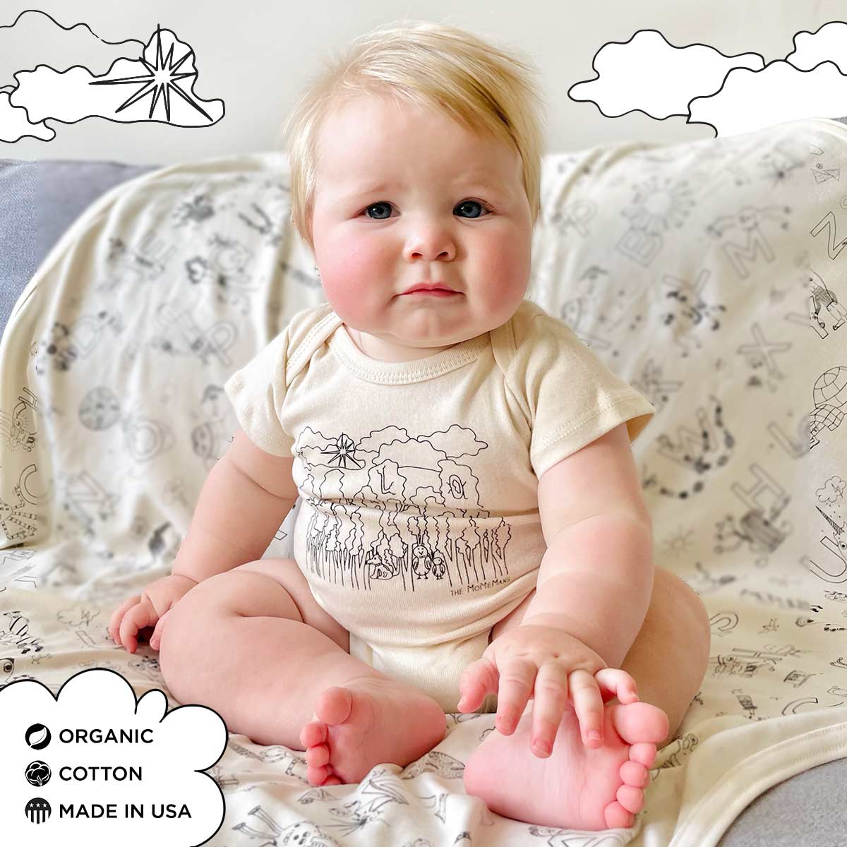 Organic Cotton Onesie + Blanket New Baby Gift Sets. Hello Forest Onesie + ZYX Project Blanket. Eco-friendly Unisex Styles for Hipster Babies. The MoMeMans by Monica Escobar Allen. Brooklyn, NY