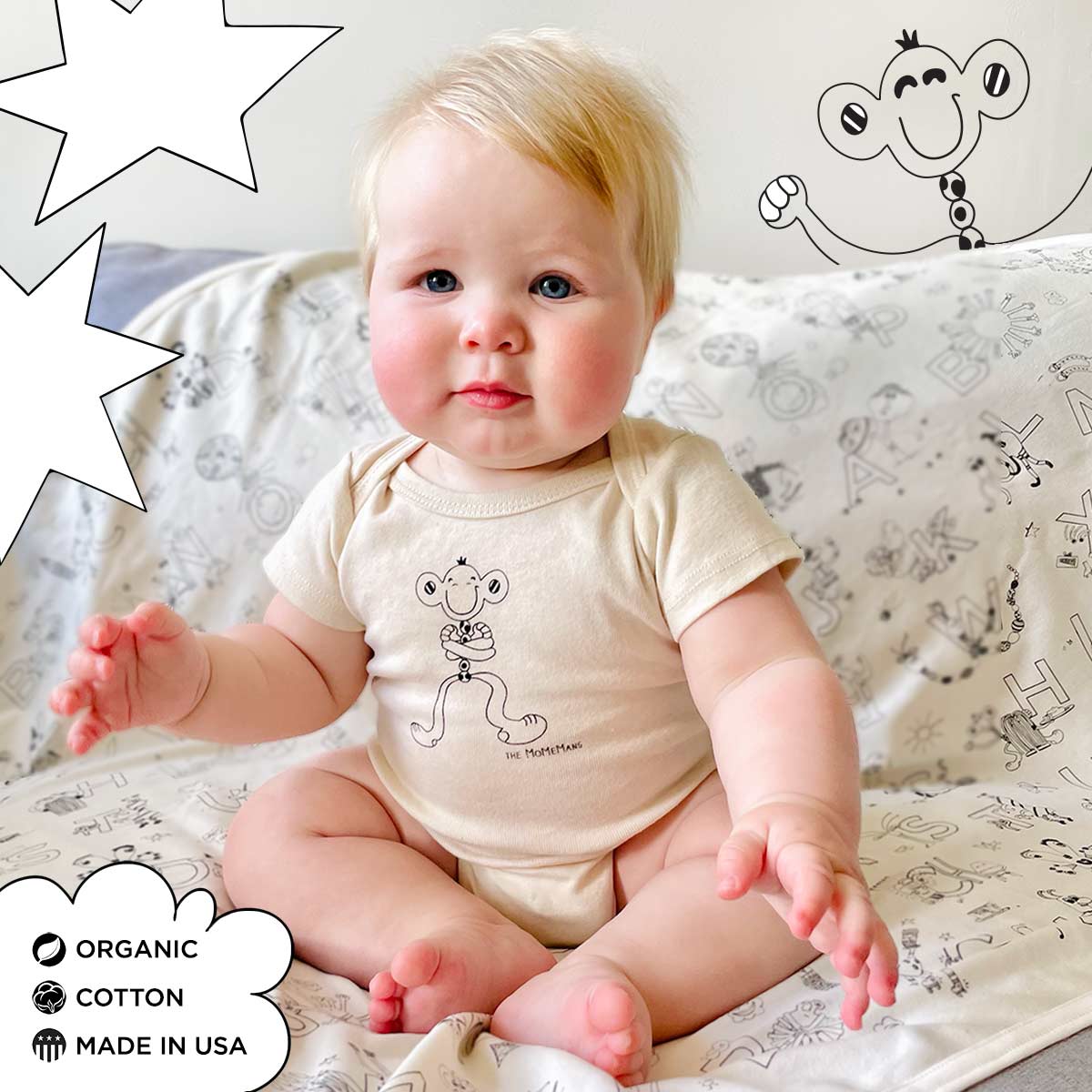 Organic Cotton Onesie + Blanket New Baby Gift Sets. Hayhay Onesie + ZYX Project Blanket. Eco-friendly Unisex Styles for Hipster Babies. The MoMeMans by Monica Escobar Allen. Brooklyn, NY