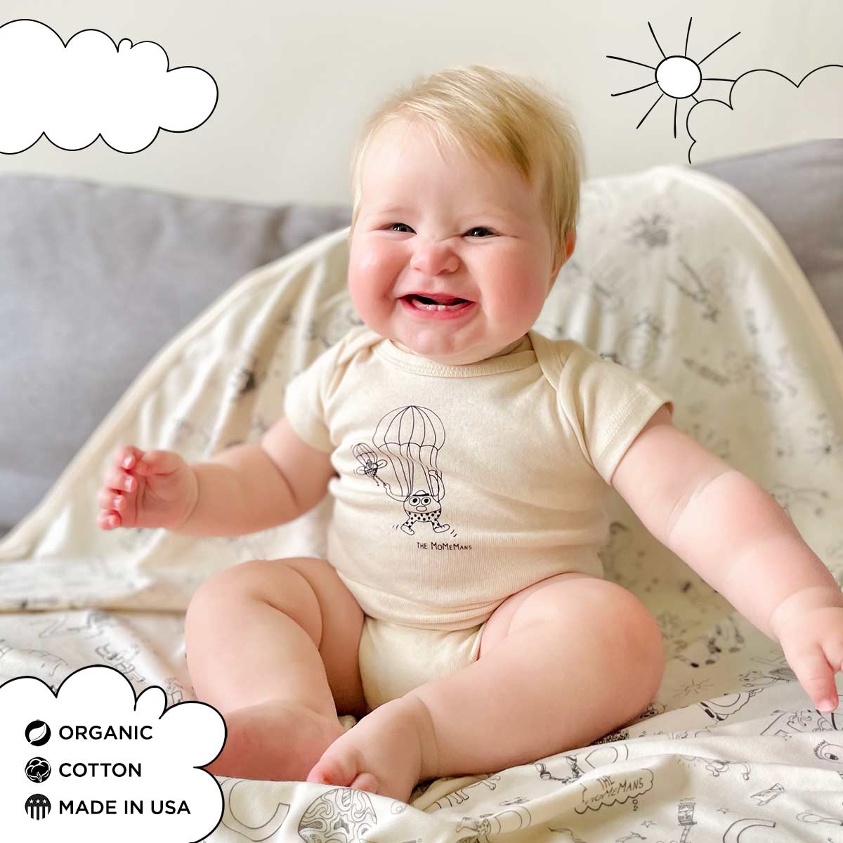 Organic Cotton Onesie + Blanket New Baby Gift Sets. Pete + Pete Onesie + ZYX Project Blanket. Eco-friendly Unisex Styles for Hipster Babies. The MoMeMans by Monica Escobar Allen. Brooklyn, NY
