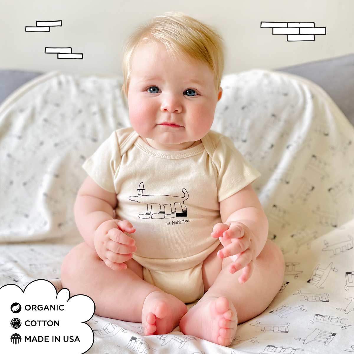 Organic Cotton Onesie + Blanket New Baby Gift Sets. Sherman Onesie + Blanket. Eco-friendly Unisex Styles for Hipster Babies. The MoMeMans by Monica Escobar Allen. Brooklyn, NY