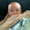 The MoMeMans® Ulysses Ulinsky Teddy Bear Sherpa SHH™ Baby Blanket by Monica Escobar Allen. Unisex, Gender Neutral.