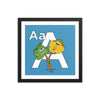 The Letter A Print. 14x14 in. Blue. Black frame. Nursery and Kid's Room Alphabet Prints from The MoMeMans. Inspired by the ZYX Project: Alliterative Alphabet Adventures complete with Valuable Life Lessons for babies and tots—but really written for grown-ups.