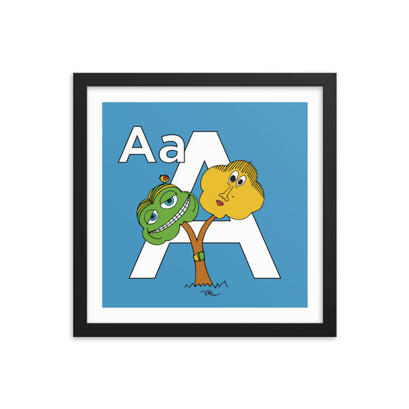 The Letter A Print. 14x14 in. Blue. Black frame. Nursery and Kid's Room Alphabet Prints from The MoMeMans. Inspired by the ZYX Project: Alliterative Alphabet Adventures complete with Valuable Life Lessons for babies and tots—but really written for grown-ups.