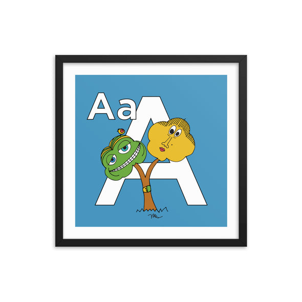 The Letter A Print. 18x18 in. Blue. Black frame. Nursery and Kid's Room Alphabet Prints from The MoMeMans. Inspired by the ZYX Project: Alliterative Alphabet Adventures complete with Valuable Life Lessons for babies and tots—but really written for grown-ups.