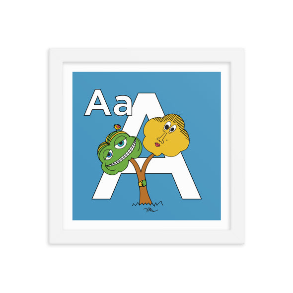 The Letter A Print. 10x10 in. Blue. White frame. Nursery and Kid's Room Alphabet Prints from The MoMeMans. Inspired by the ZYX Project: Alliterative Alphabet Adventures complete with Valuable Life Lessons for babies and tots—but really written for grown-ups.