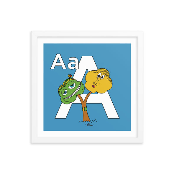 The Letter A Print. 14x14 in. Blue. White frame. Nursery and Kid's Room Alphabet Prints from The MoMeMans. Inspired by the ZYX Project: Alliterative Alphabet Adventures complete with Valuable Life Lessons for babies and tots—but really written for grown-ups.