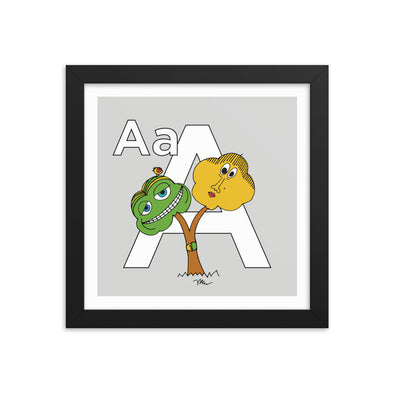 The Letter A Print. 10x10 in. Grey. Black frame. Nursery and Kid's Room Alphabet Prints from The MoMeMans. Inspired by the ZYX Project: Alliterative Alphabet Adventures complete with Valuable Life Lessons for babies and tots—but really written for grown-ups.