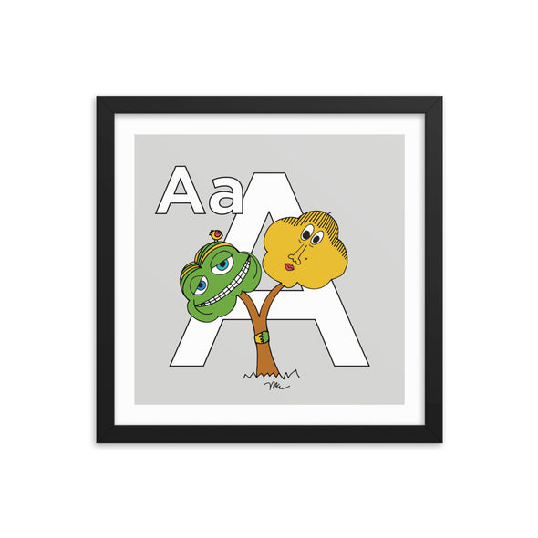 The Letter A Print. 14x14 in. Grey. Black frame. Nursery and Kid's Room Alphabet Prints from The MoMeMans. Inspired by the ZYX Project: Alliterative Alphabet Adventures complete with Valuable Life Lessons for babies and tots—but really written for grown-ups.
