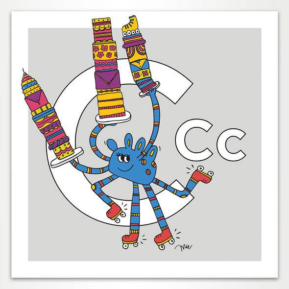 Letter C Art Print, Grey, featuring Camila. For Nursery Rooms, Kids Rooms and Playrooms.