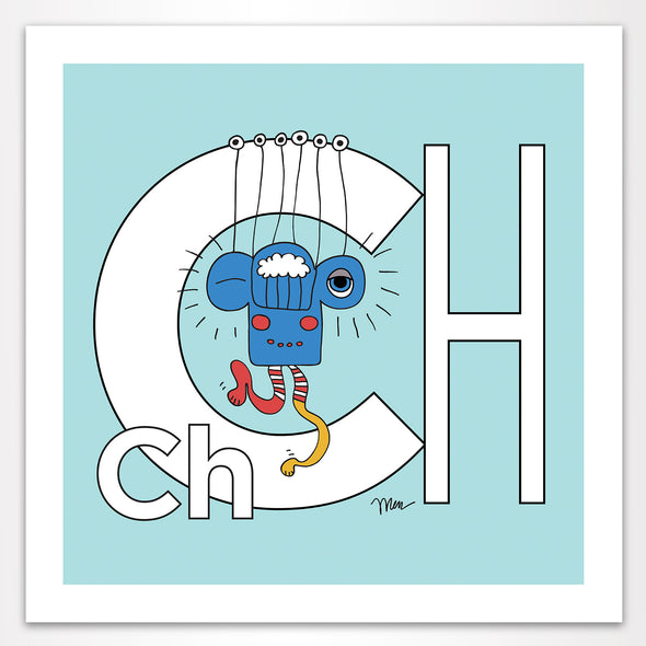Letter Ch Art Print, Aqua, featuring Charlie. For Nursery Rooms, Kids Rooms and Playrooms.