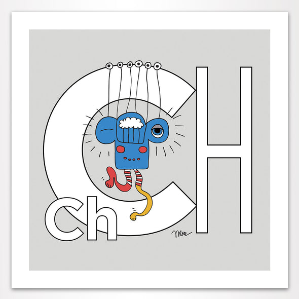 Letter Ch Art Print, Grey, featuring Charlie. For Nursery Rooms, Kids Rooms and Playrooms.