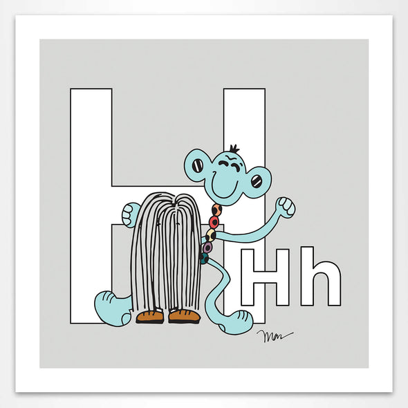 The Letter H Print, Grey. Featuring Hayhay + Harry from the ZYX Project. The MoMeMans® by Monica Escobar Allen.