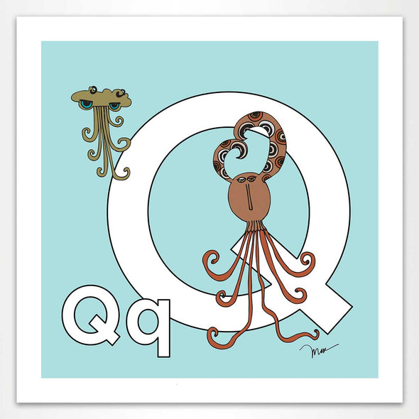 Letter Q Print. The MoMeMans® Nursery and Kid's Room Alphabet Wall Art by Monica Escobar Allen.