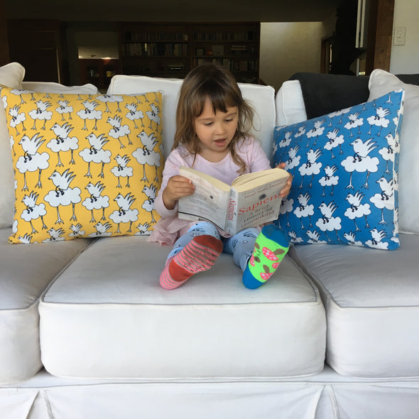 Barbara Blue Super Lux Velveteen Pillow for kids' rooms and playrooms. The MoMeMans® by Monica Escobar Allen.