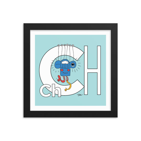 Letter Ch Art Print 10x10 Framed, Aqua, featuring Charlie. For Nursery Rooms, Kids Rooms and Playrooms.