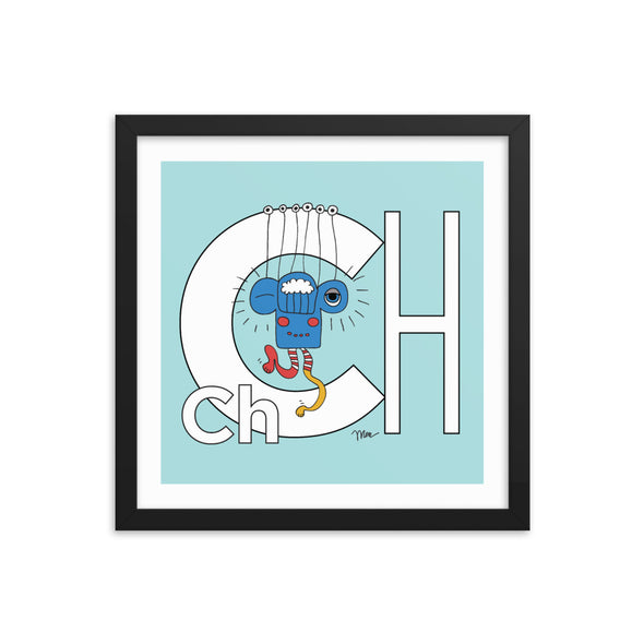 Letter Ch Art Print 14x14 Framed, Aqua, featuring Charlie. For Nursery Rooms, Kids Rooms and Playrooms.