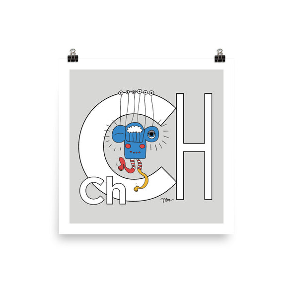 Letter Ch Art Print 10x10, Grey, featuring Charlie. For Nursery Rooms, Kids Rooms and Playrooms.