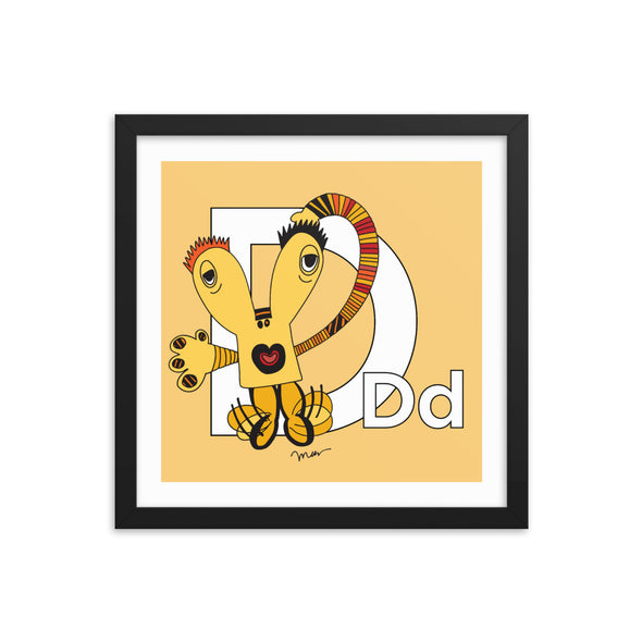 Letter D Art 14x14 Print Framed, Banana, featuring Dee + Dancipants. For Nursery Rooms, Kids Rooms and Playrooms.