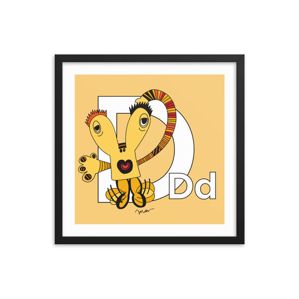 Letter D Art 18x18 Print Framed, Banana, featuring Dee + Dancipants. For Nursery Rooms, Kids Rooms and Playrooms.
