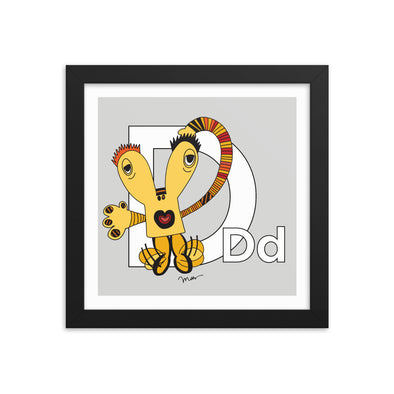 Letter D Art 10x10 Print Framed, Grey, featuring Dee + Dancipants. For Nursery Rooms, Kids Rooms and Playrooms.
